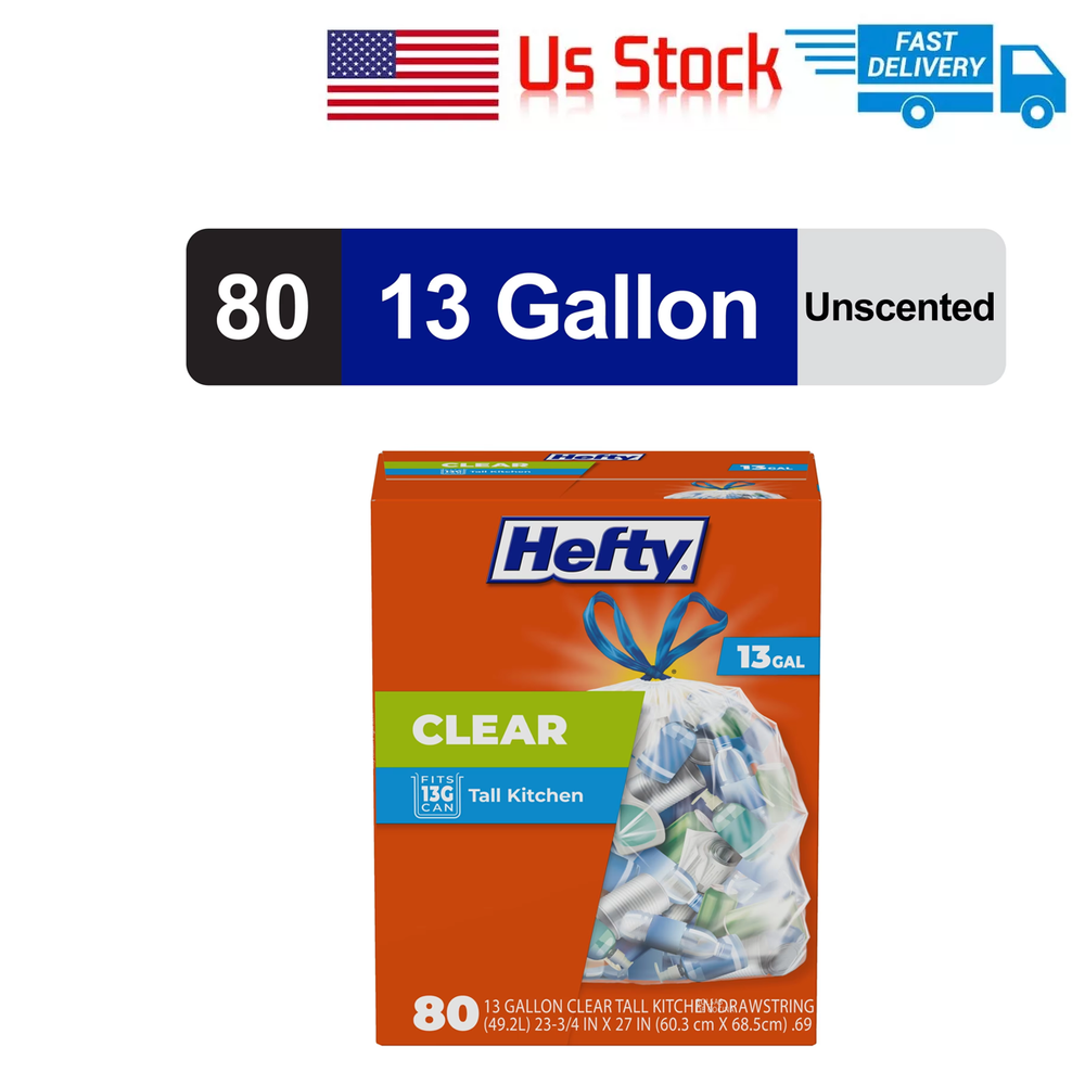 Clear Trash Bags 13 Gallon 80 Count Drawstring Puncture Resistant Kitchen Garage