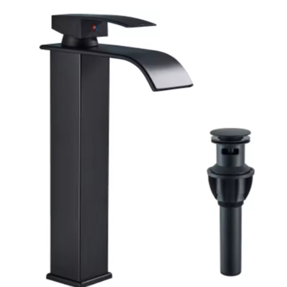 Black Waterfall Bathroom Sink Faucet Single Handle Tall Vessel Mixer Taps Drain