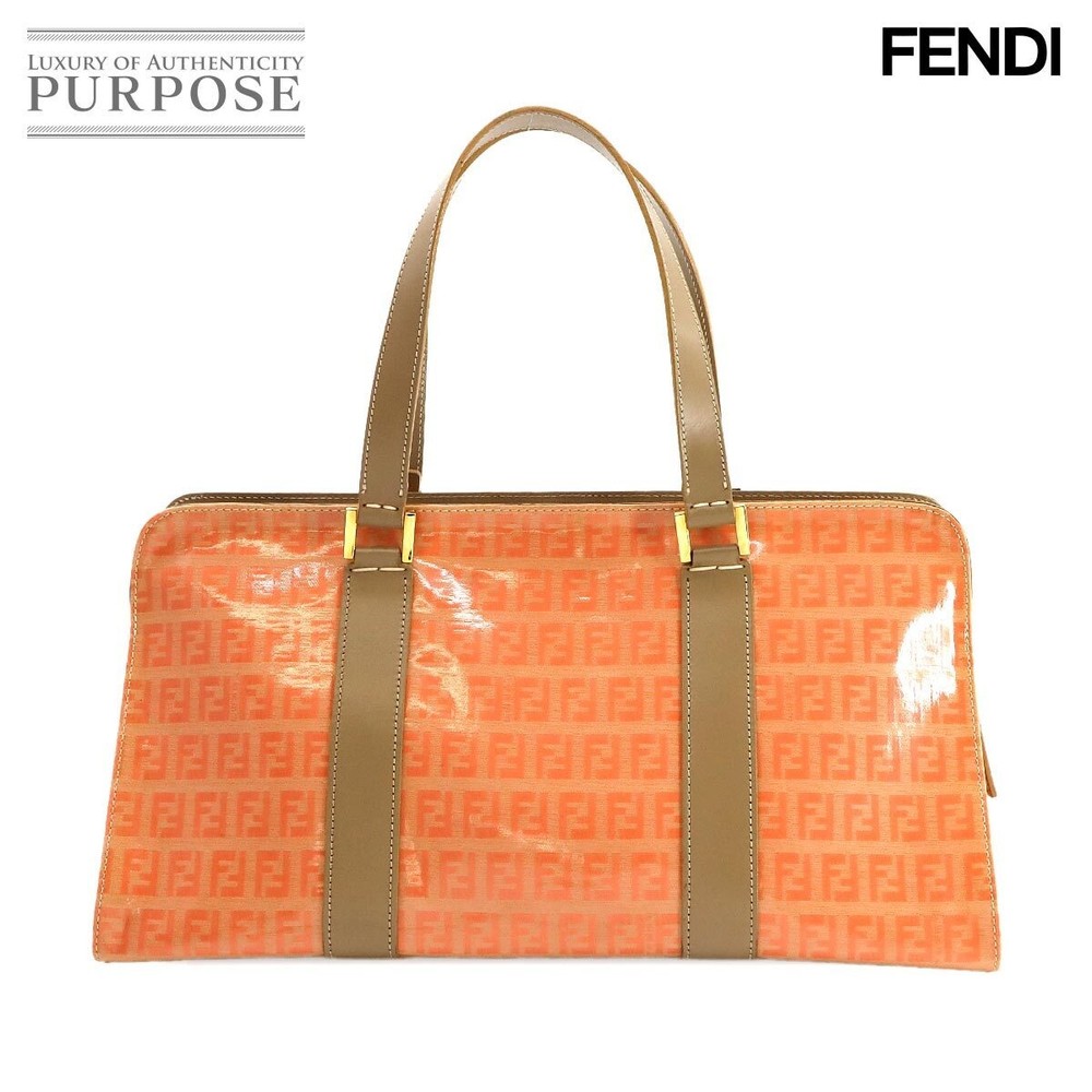 RARE FENDI Zucchino PVC Leather Handbag Orange Beige Gold Hardware