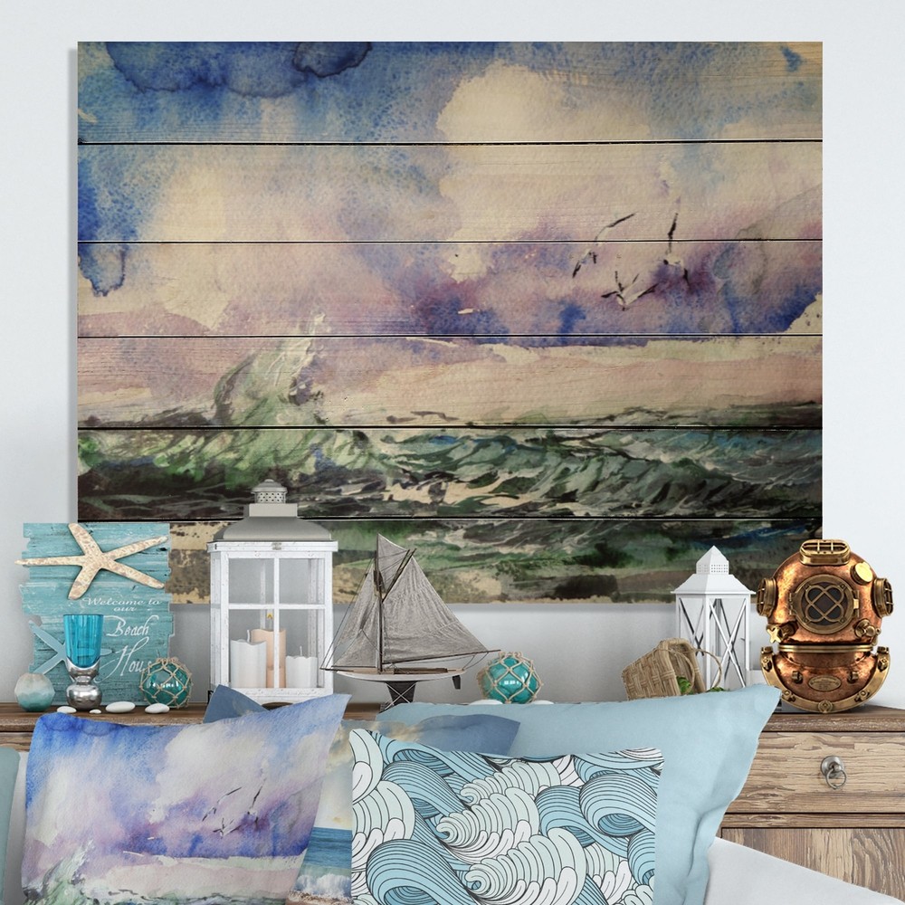 Designart 'Wave And Sea Gulls VIII' Nautical & Coastal Wood