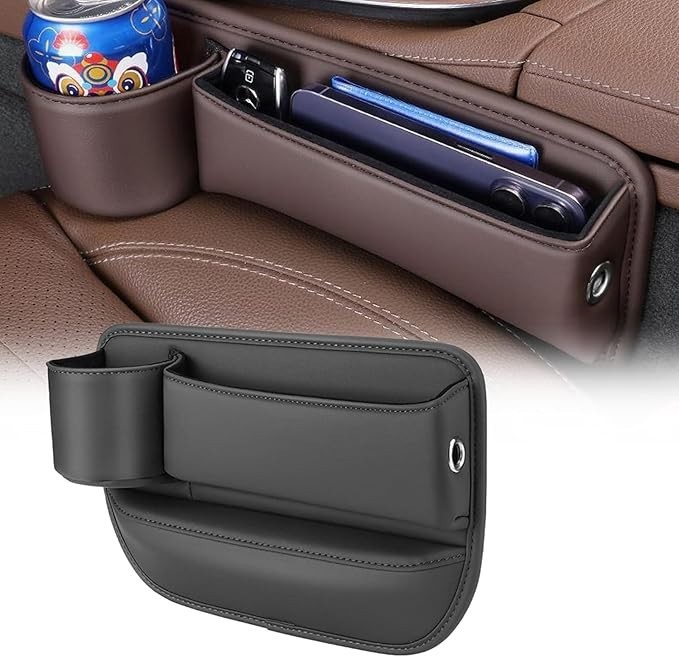 2Pack Car Seat Gap Storage Boxs PU Leather Organizers with Cup Holder Black