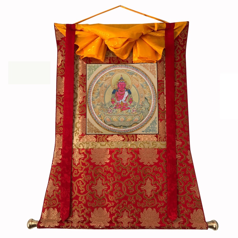 Silk Brocade Mounted Amitayus Mandala Thangka, Mandala for Longevity