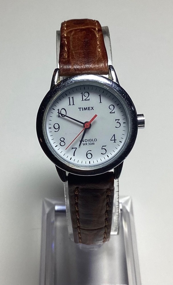 Timex Indiglo Women's Vintage Silver Brown Leather Watch with New Battery  
