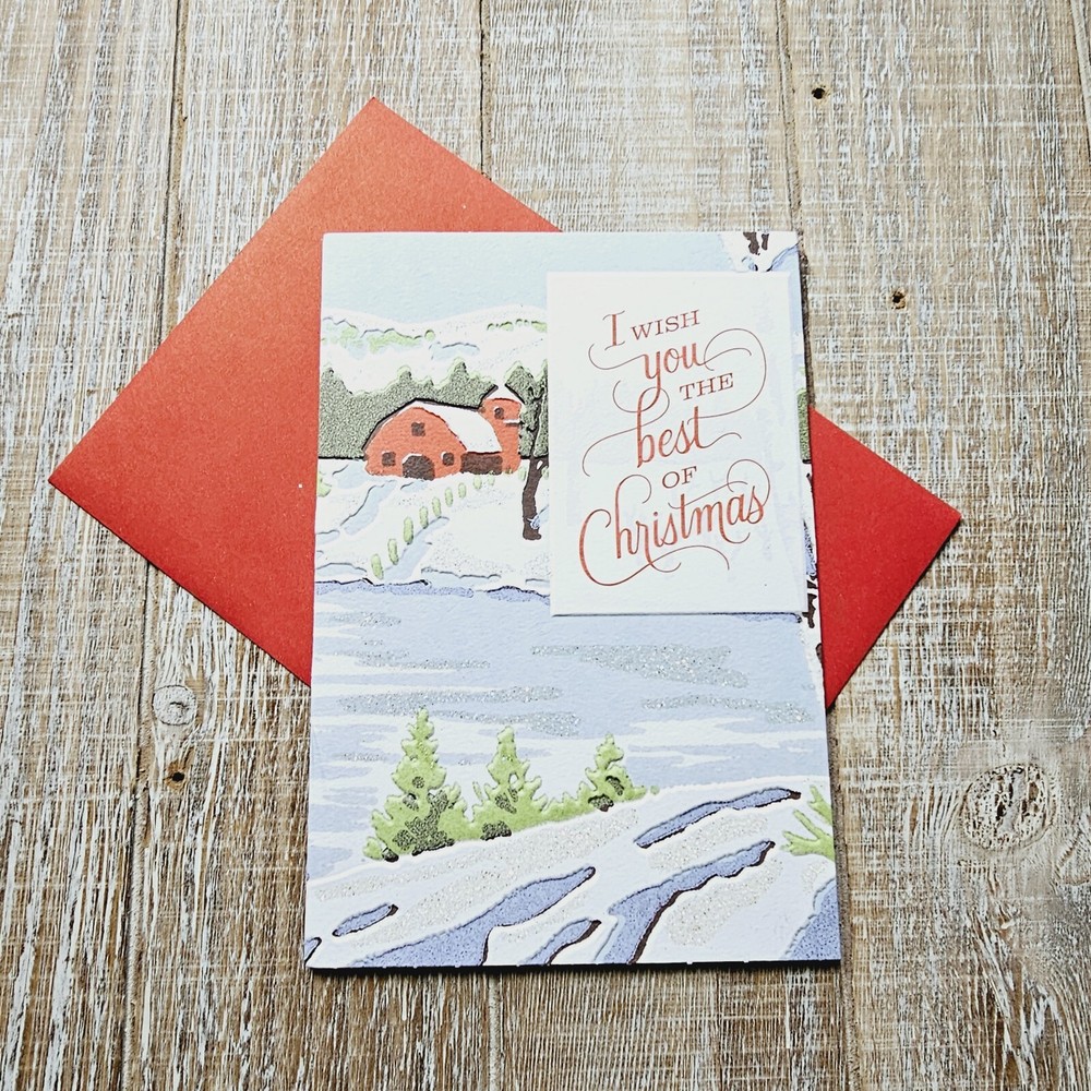 Christmas Greeting Card Barn Farm Snow Landscape Glitter Stripes Hallmark