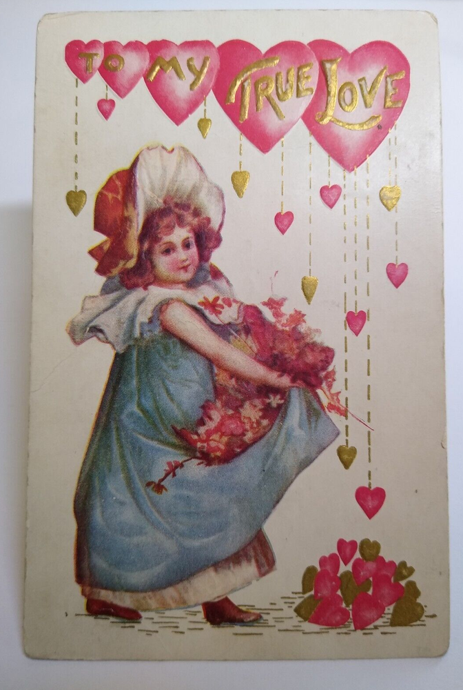 Valentine Postcard Victorian Child In Bonnet Pile Of Hearts Vintage Embossed