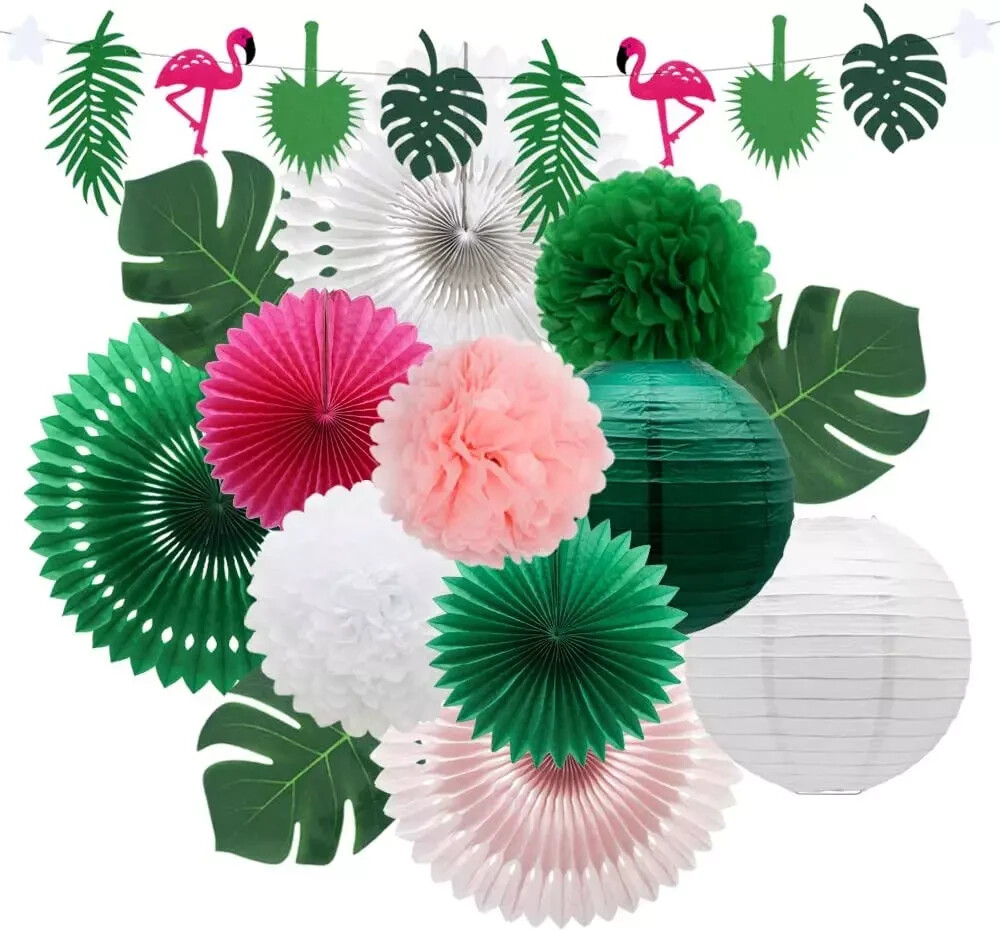 Tropical Flamingo Palm Leaves Party Decorations with Paper Fans Paper Lanterns P