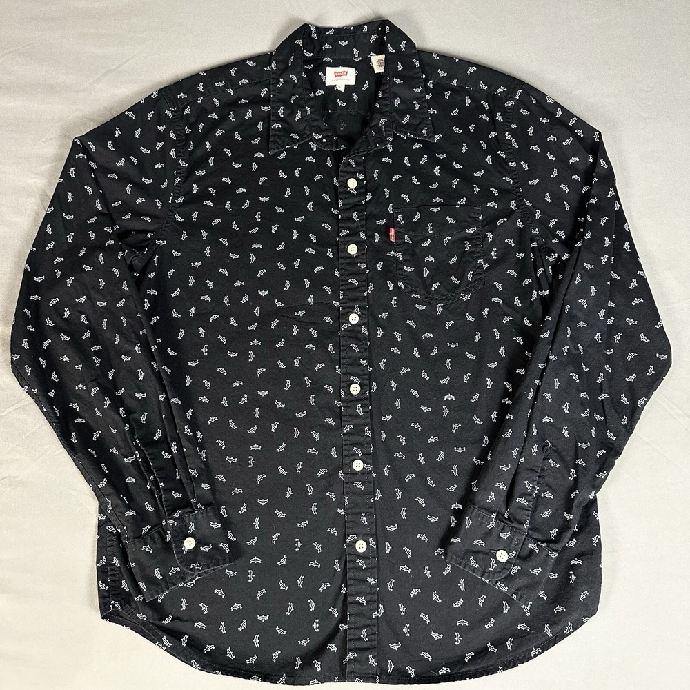 Levi’s Black UFO Graphic Button-Up Mens Shirt Size Large Aliens Flying Saucers
