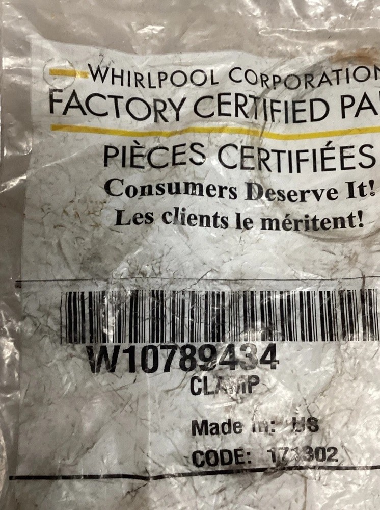 Whirlpool Hose Clamp Part Number W10789434 Washer Dryer Appliance