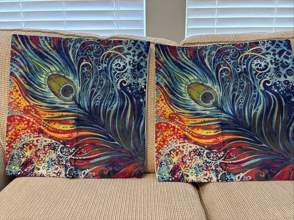 New 2 Decorative Throw Pillow Covers for Couch Sofa Bed Peacock Feather 17x17