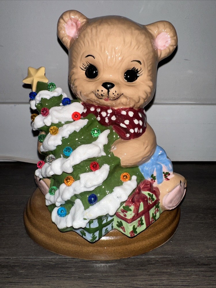 VTG Ceramic Lighted Teddy Bear Flocked Christmas Tree Figurine w/Base 6.5” Works