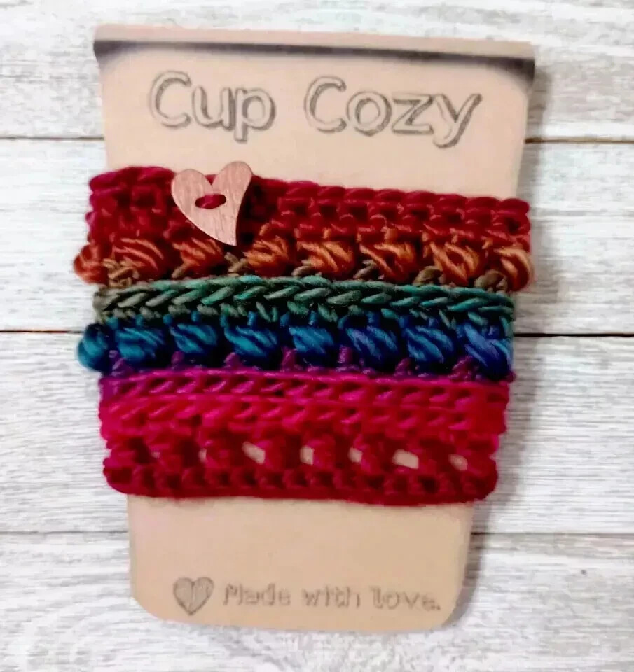 crochet handmade coffee cup drink cozy sleeve heart sweet raspberry