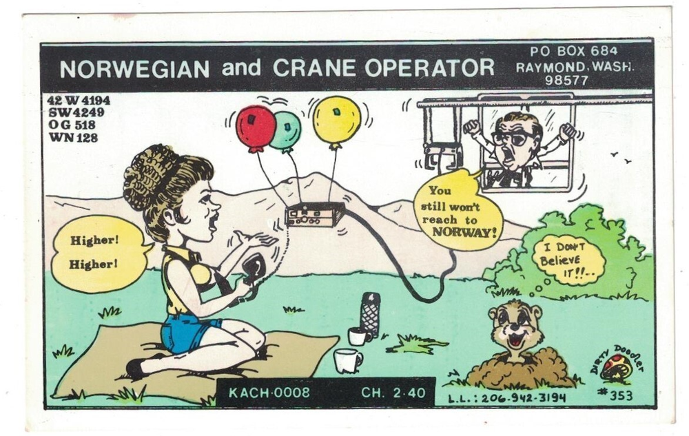 Vintage 1970s Snooper QSL Radio Comic Card Norwegian & Crane Operator Raymond Washington