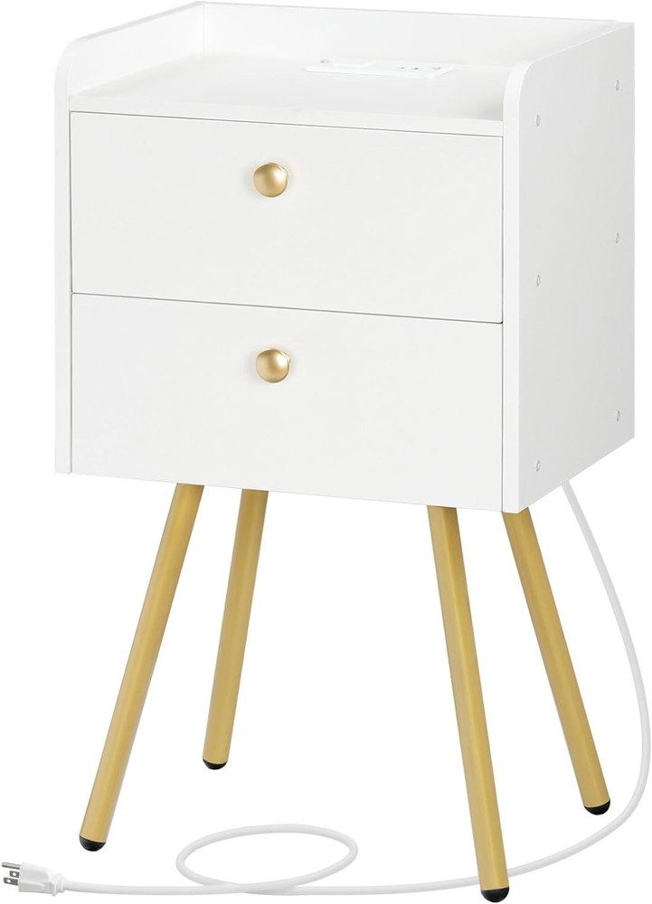 HOOBRO Nightstand with Charging Station, Modern End Table 2 White + Gold