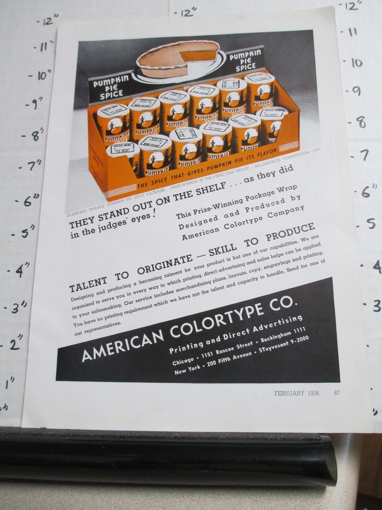 magazine ad 1936 AMERICAN Colortype pumpkin pie spice store display halloween