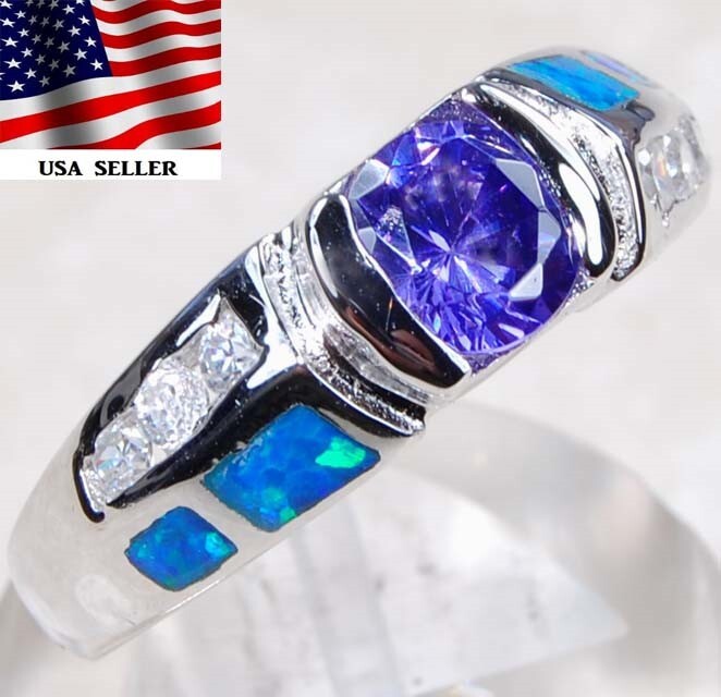 1CT Amethyst & Australian Opal Inlay 925 Solid Sterling Silver Ring Sz 8 BA2