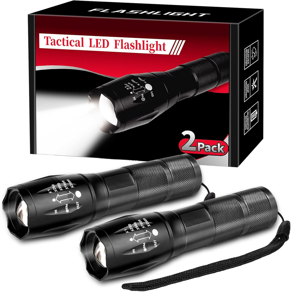 2 Pack Tactical Flashlights Torch, Military Grade 5 Modes 3000 High Lumens Led W