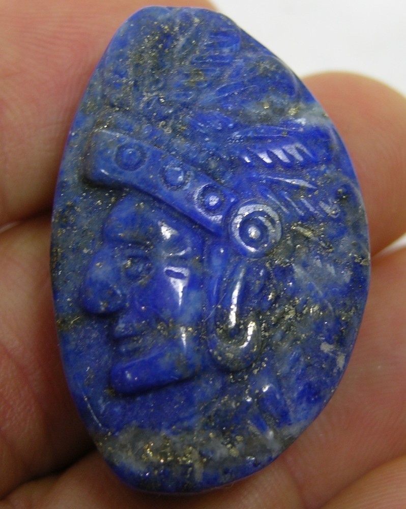 #10 Afghanistan 99.50ct Natural Lapis Lazuli Indian Head Carving 19.90g 36.00mm