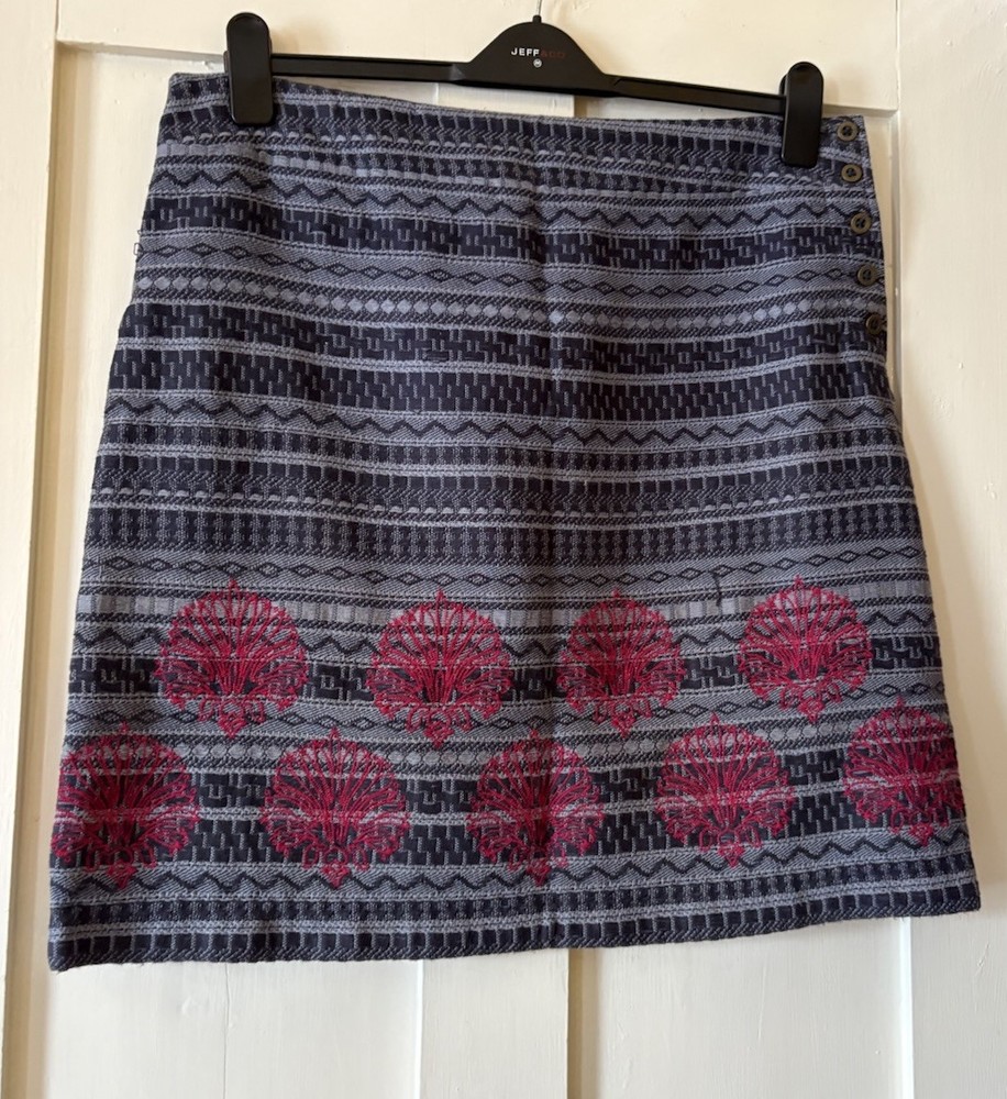 White Stuff Grey Cotton Embroidered Button Side Skirt UK14 L21 Waist 36