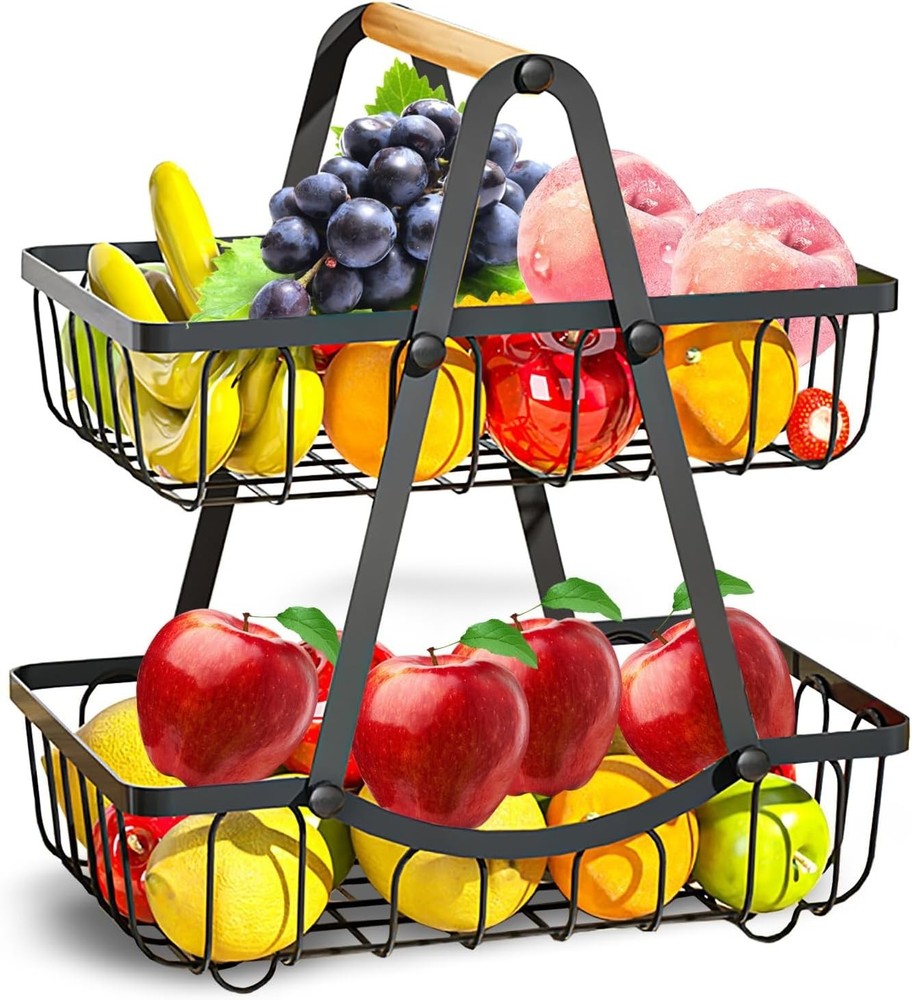 2 Tier Fruit Basket for Kitchen, Detachable Fruit Bowl Kitchen Counter, Metal Fr