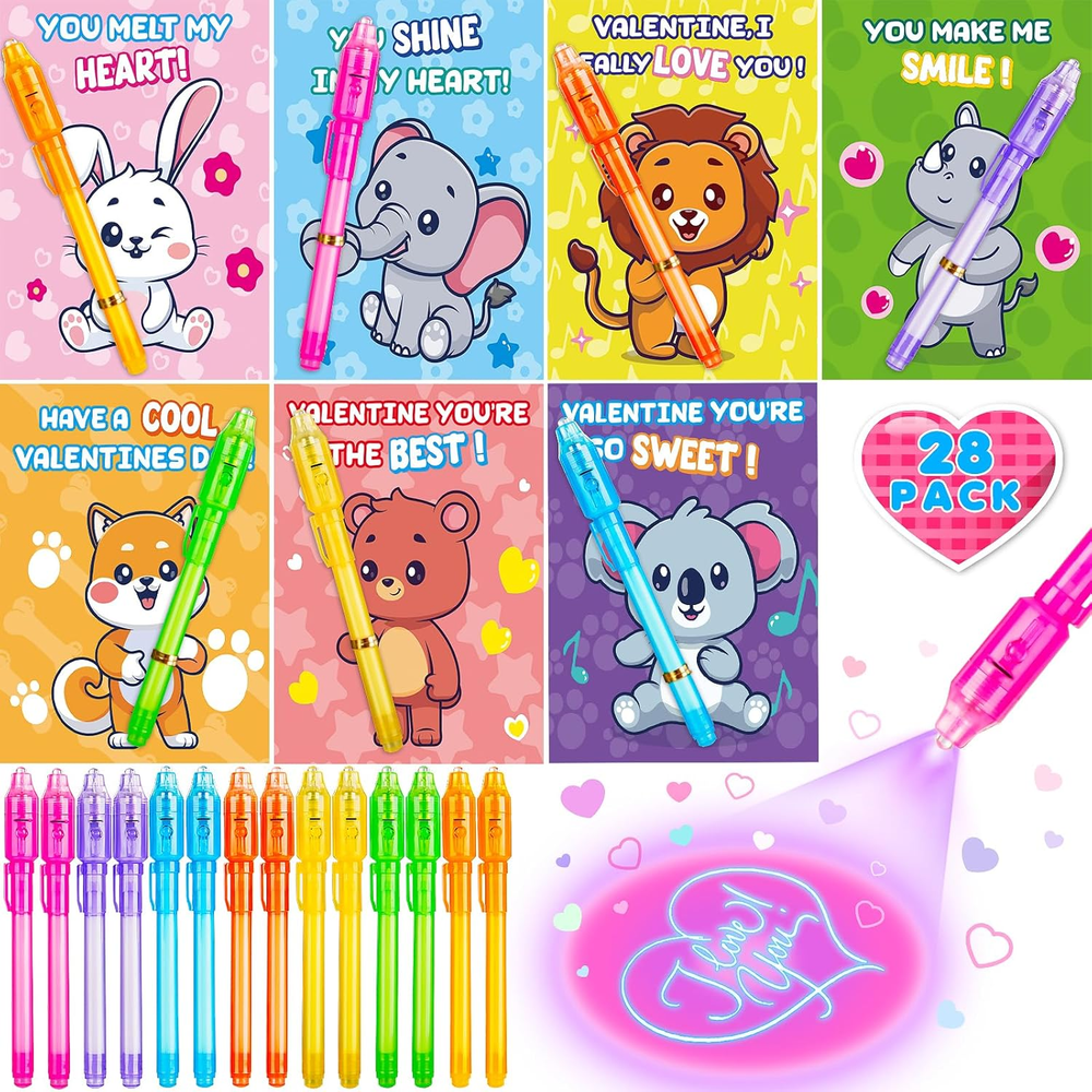 Valentine's Day Invisible Ink Pen Cards for Kids - 28 Pack with Fun Greetings