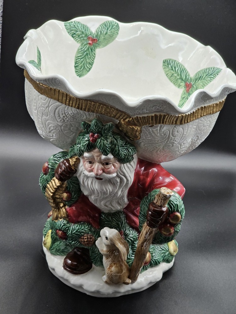 Vtg Fitz And Floyd Woodland Santa Christmas Compote 1991 9.5