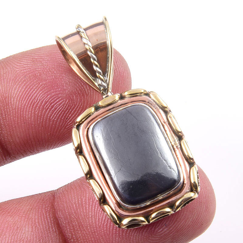 Natural Gunmetal Gemstone 925 Sterling Silver Two-Tone Pendant 1.25 Inch