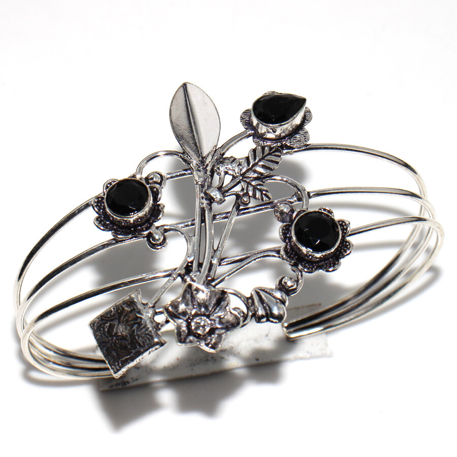 Black Onyx 925 Silver Plated New Design Bangle FreeSize Stylish Gift JW