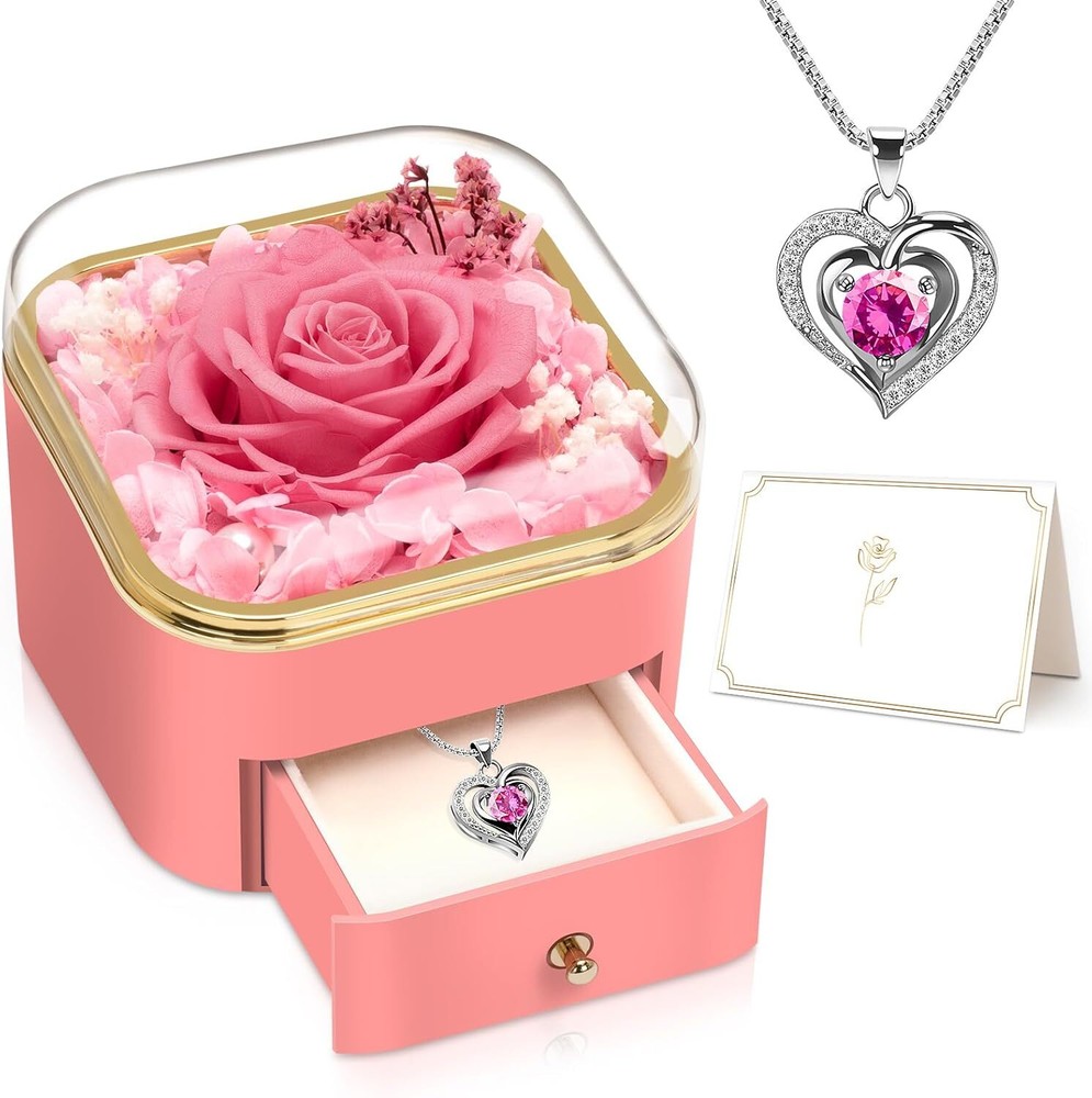 Pink Preserved Box Flower Real Rose w Necklace Valentines Day Gift for Women Mom