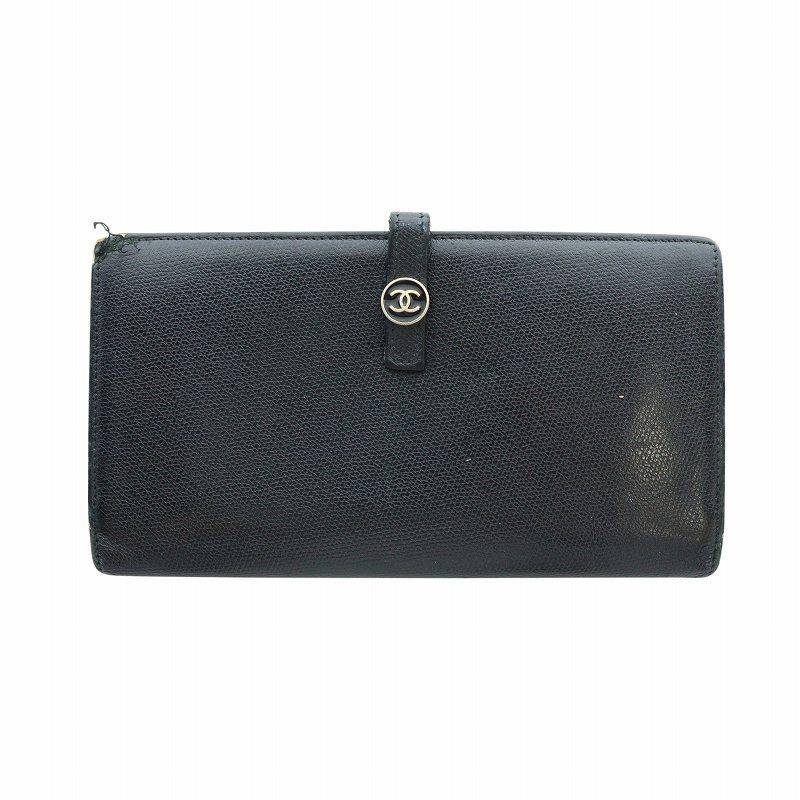 CHANEL black leather long wallet with double snap closure and Coco mark MQ OH