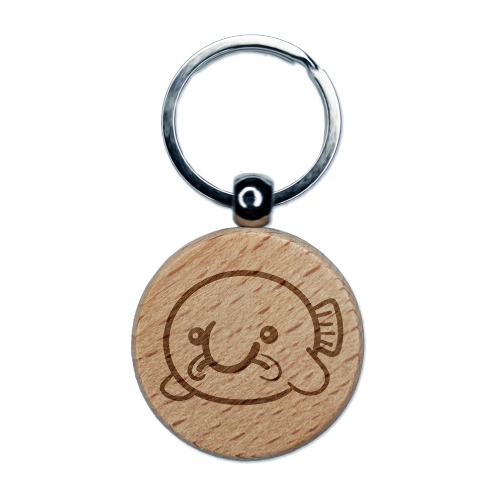 Kawaii Sad Blobfish Engraved Wood Round Keychain Tag Charm