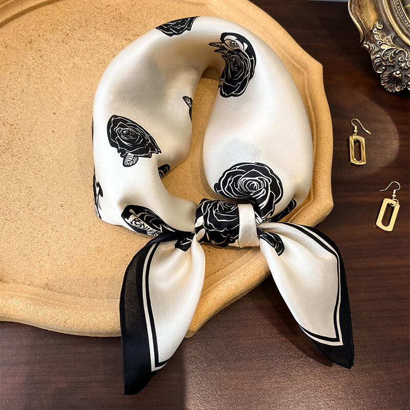 100% Mulberry Silk Scarf for Women - Square Head Wrap & Necktie - 53cm Floral Print