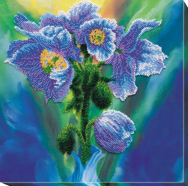 Bead embroidery kit Blue Poppies needlework kit Art canvas beadwork pattern