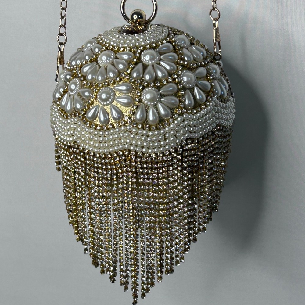 Pearl Beaded Minaudière Evening Clutch with Gold Fringe & Long Chain