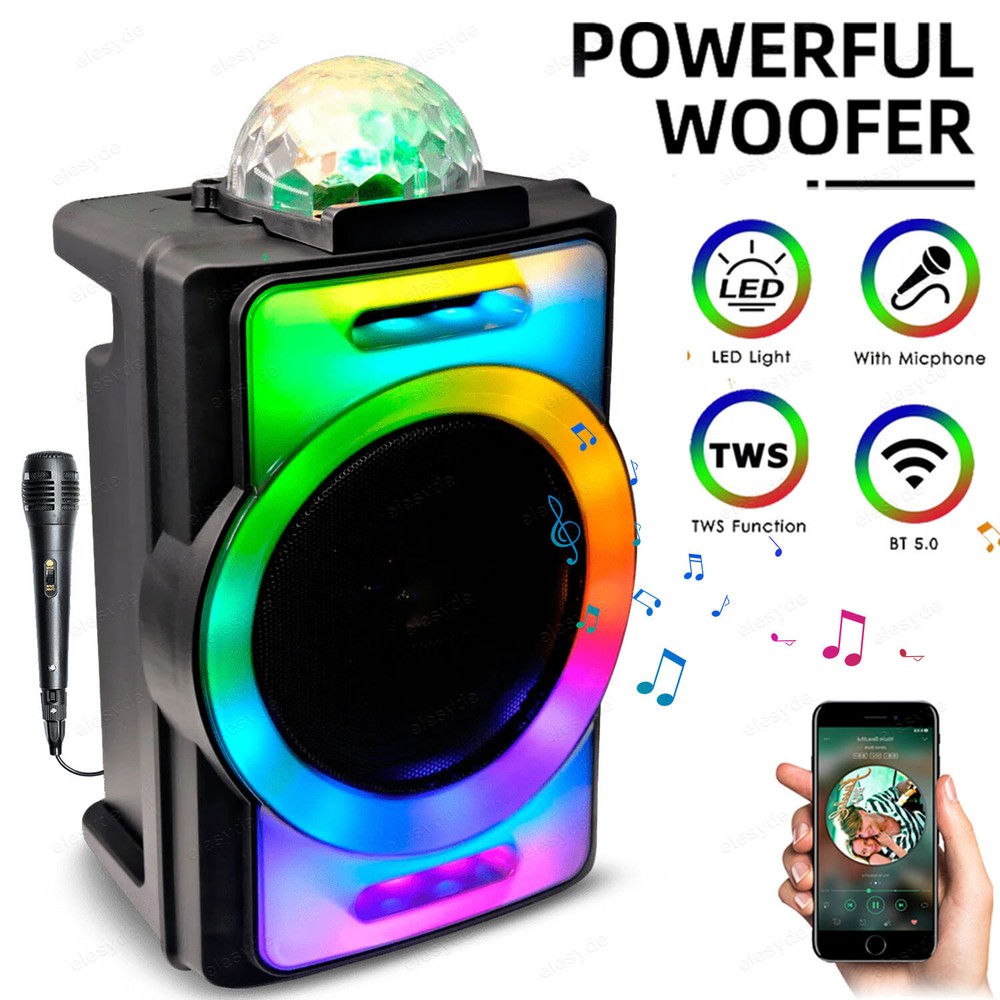 Portable Party Speaker with 8-inch Woofer 360° Disco Light Wired Mic FM USB TF Mode  