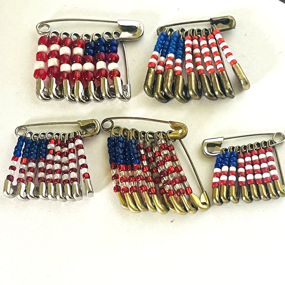 Patriotic USA Safety Pin American Flag Lot 5 Beaded Handmade Red White Blue VTG
