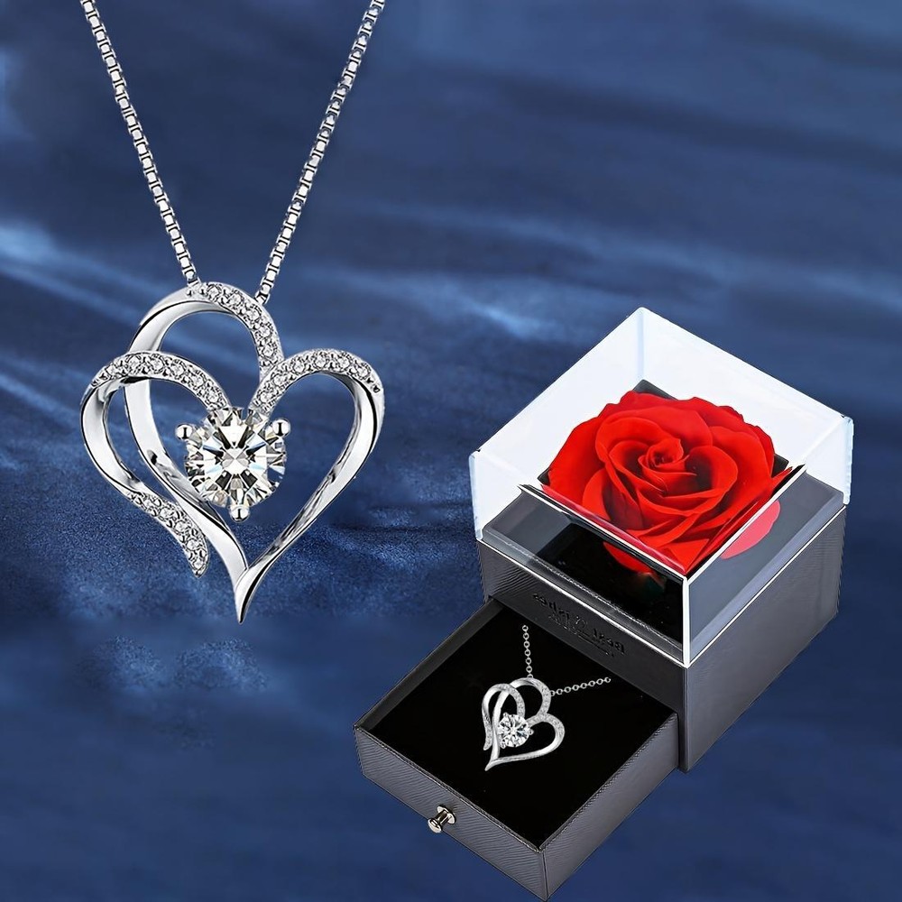 Elegant Heart Zircon Necklace with Luxury Rose Flower Gift Box for Women Girlfri