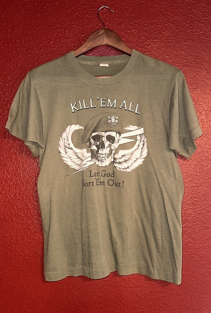 Vintage 1983 Kill Em All Let God Sort Em Out Military Graphic T Shirt Size S
