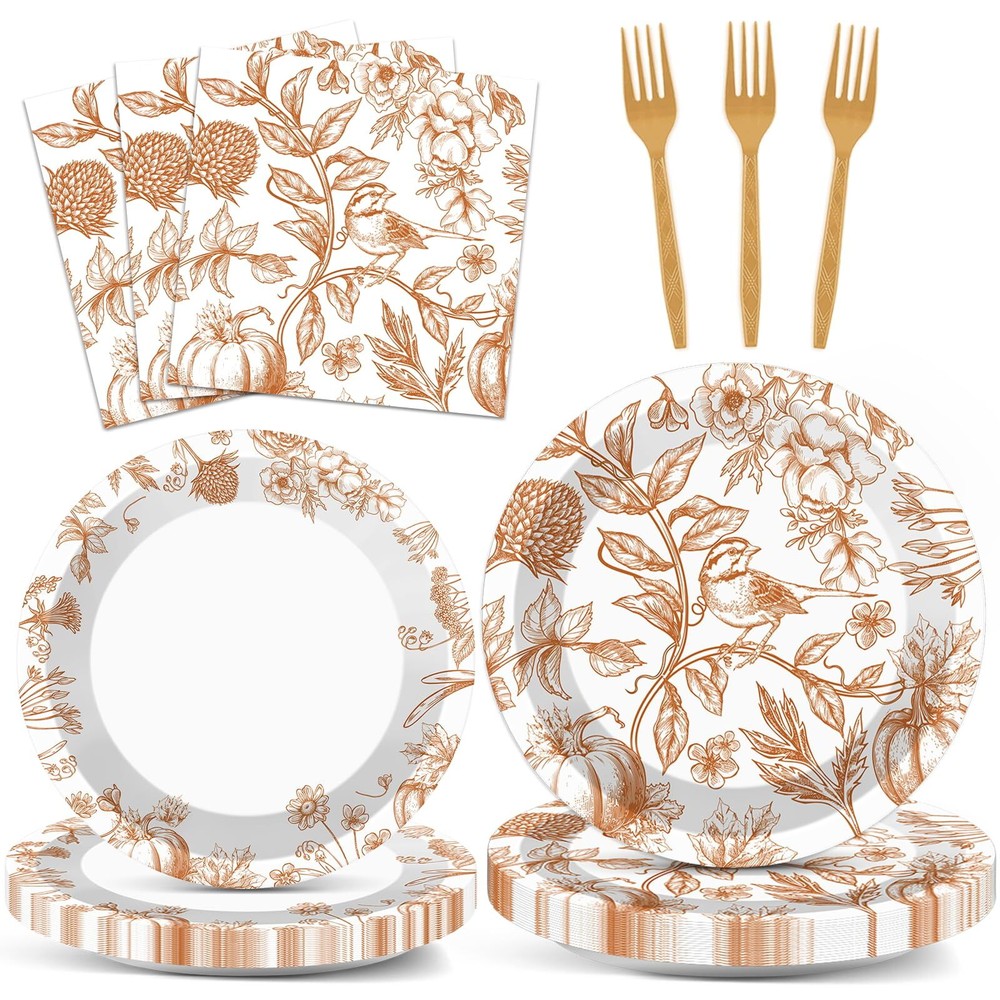 96Pc Thanksgiving Paper Plates & Napkins Set for Fall Harvest Party Decor
