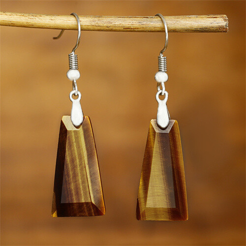 1Pair Faceted Yellow Tiger Eye Gem Trapezoid Pendant Bead Earrings C54