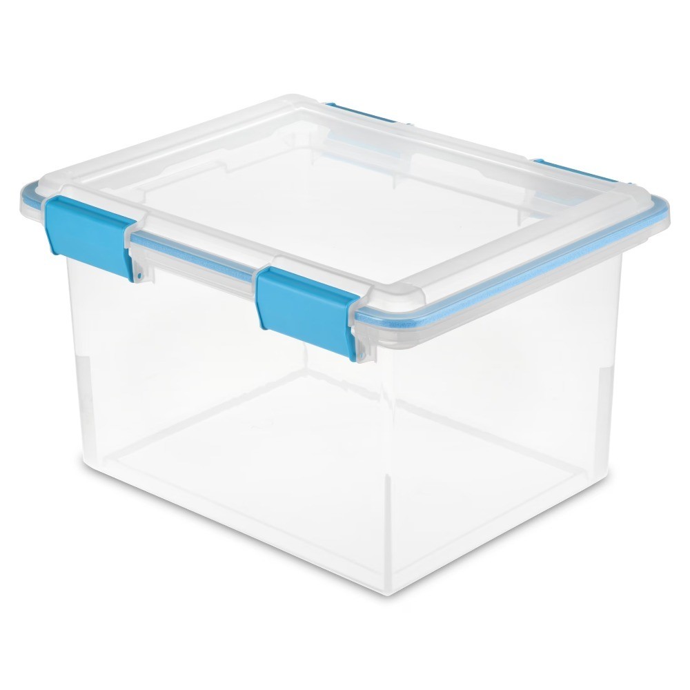 Clear Weather-Resistant File Storage Bin with Latching Lid 32 Quart Blue Gasket