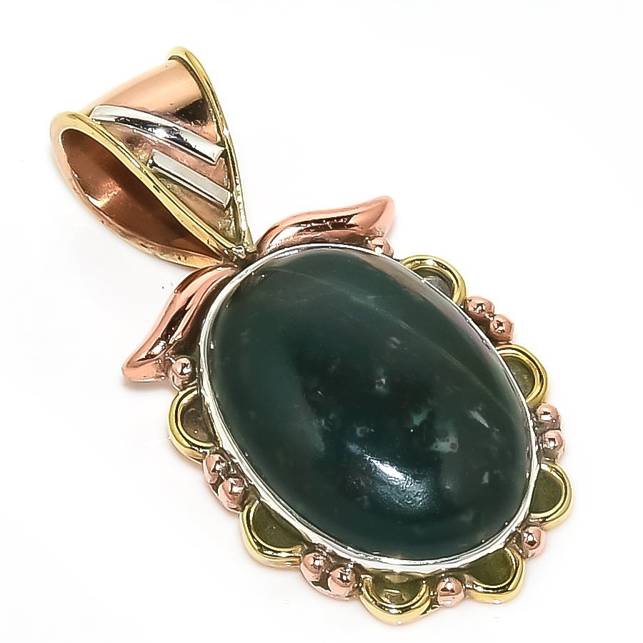 Natural Bloodstone Gemstone TwoTone 925 Solid Sterling Silver Pendant 1.25