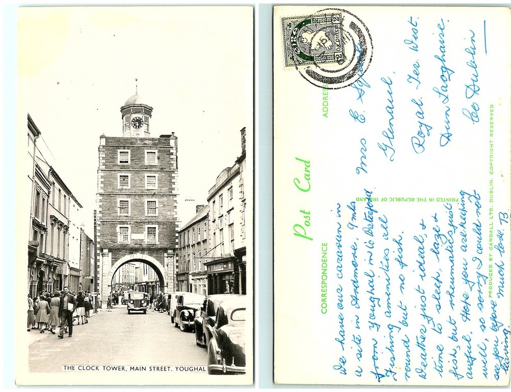S03-1373, THE CLOCK TOWER, MAIN STREET, YOUGHAL, IRELAND 1961 POSTMARKED, RPPC