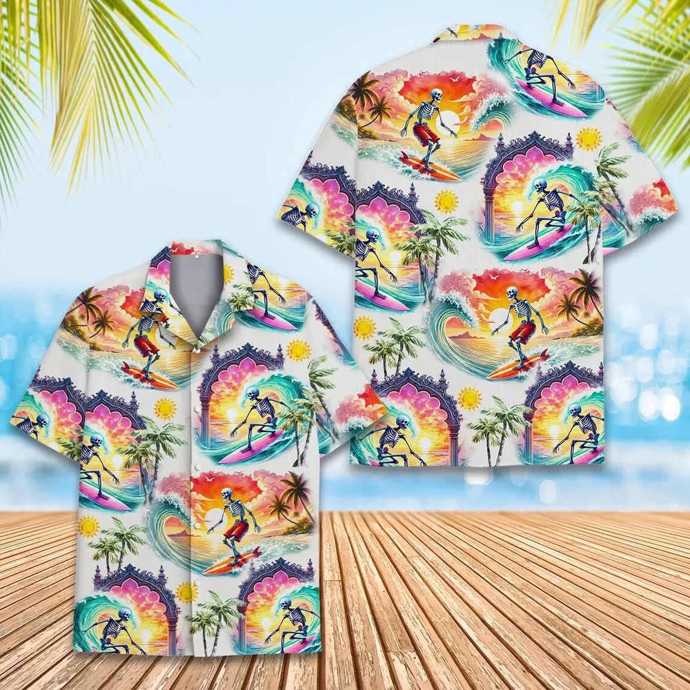 Skeletons Surfing Hawaiian Shirt , Button Down Full Size S-5XL