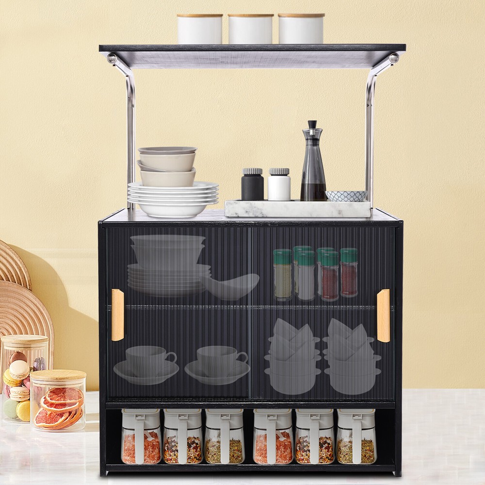 Kitchen pantry cabinet with microwave shelf and storage space