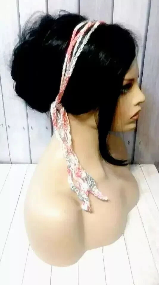 handmade crochet womans gypsy headband boho hair scarf tie gray pink USA made