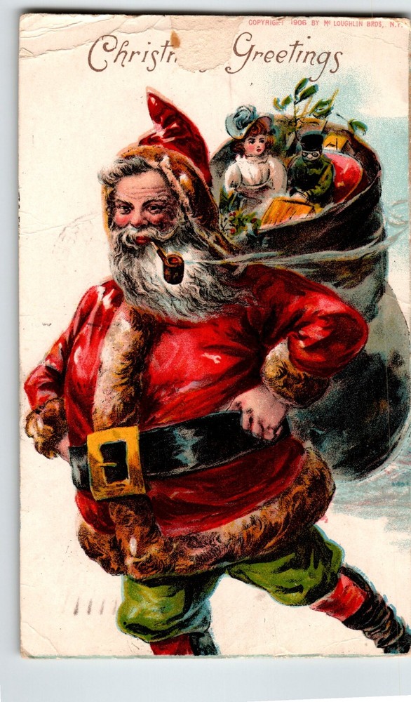 Santa Claus Christmas Postcard Smoking Pipe Sack Of Toys Undivided Back 1909
