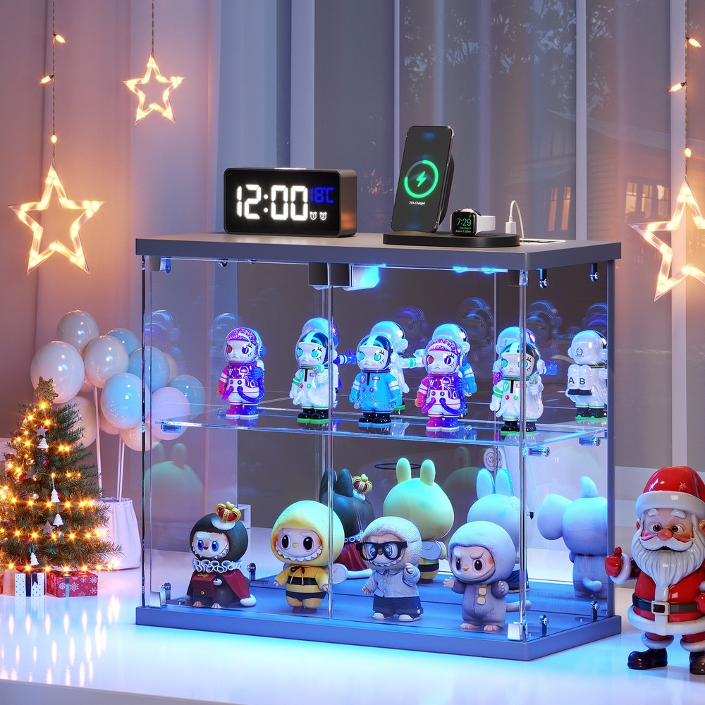 Clear Glass Display Case with LED Lights and Charging Station for Figures, Grey