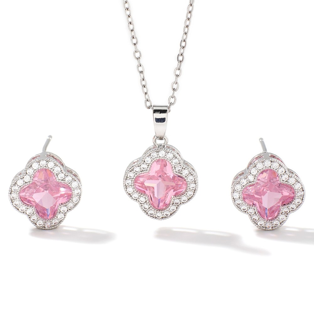 Charming Pink CZ Clover Stud Earrings & Necklace Set with Pavé Halo