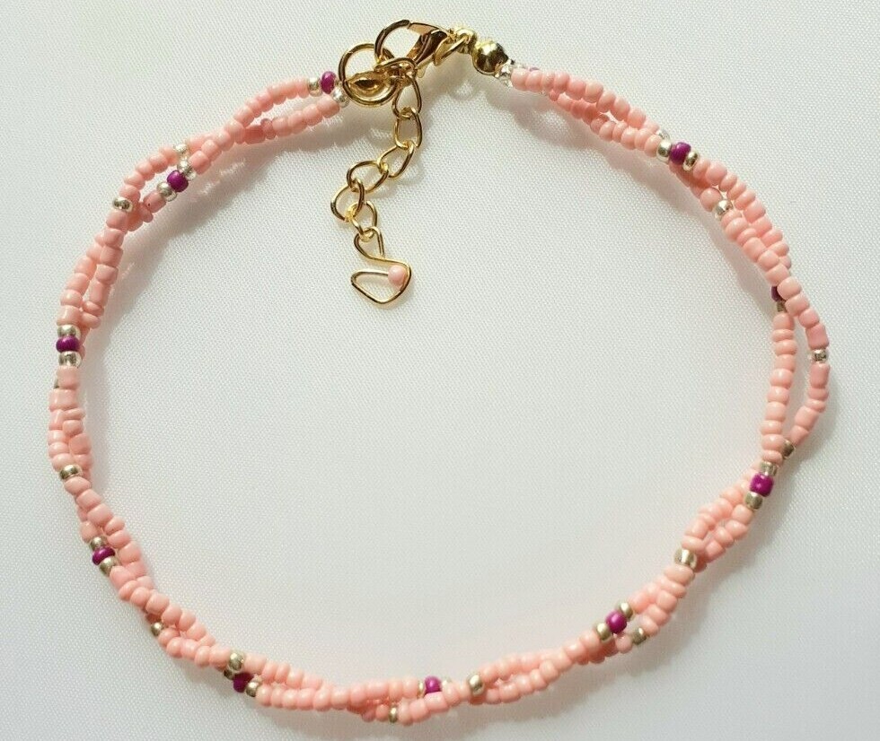 Pink and Gold Double Strand Stretch Seed Bead Anklet Plus Size-image