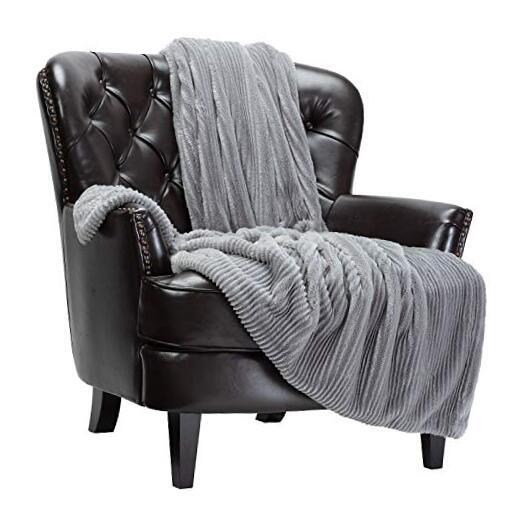 Premium Stripe Textured Faux Fur Throw Blanket - Elegant Super Soft Cozy Gray